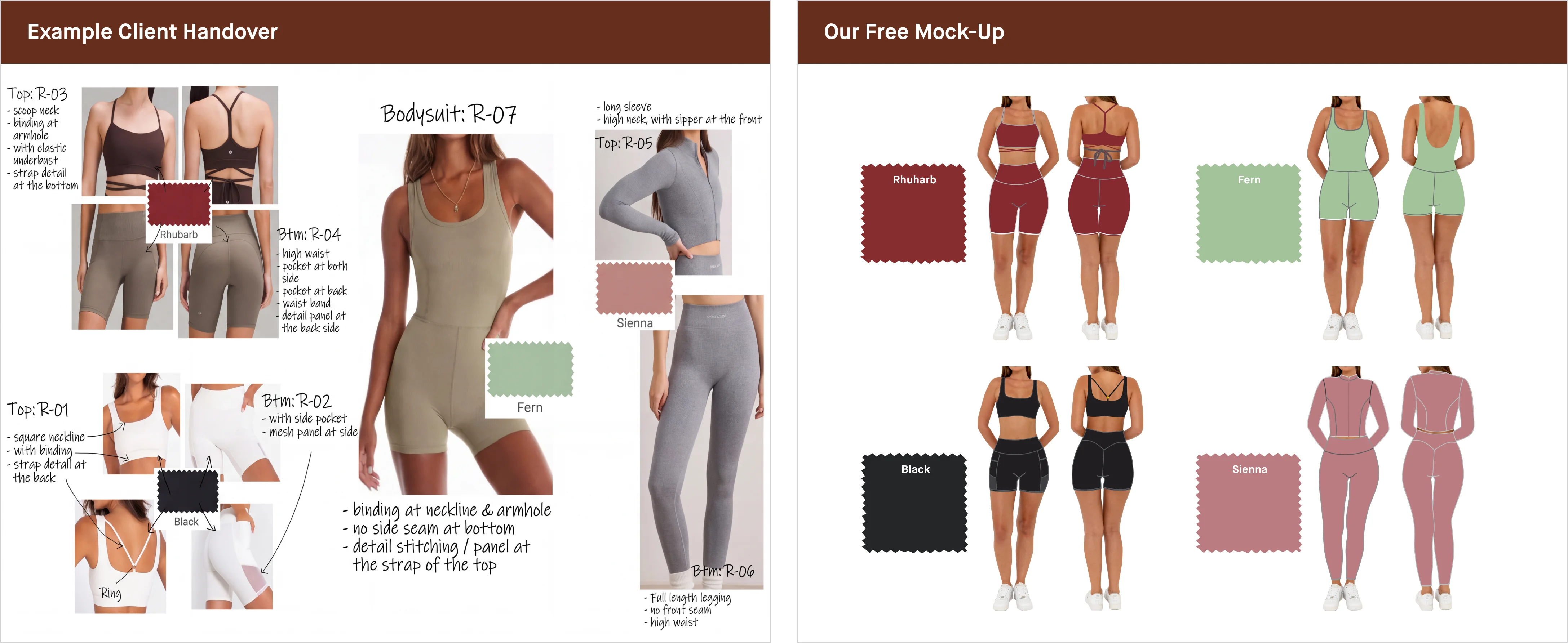 Example client handover with activewear screenshots, line drawings, colour swatches and change notes, beside the free 2D mock-up in Rhubarb, Fern, Black and Sienna